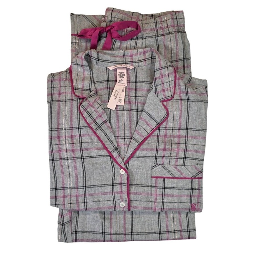 Victoria's Secret Womens Medium Pajama Set Grey Pink Plaid Metallic Lurex NWT